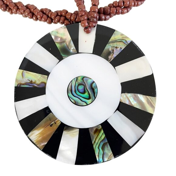 Vtg Inlaid Abalone & Mother of Pearl on Brown Multi Strand Seed Beaded Necklace - Picture 4 of 8
